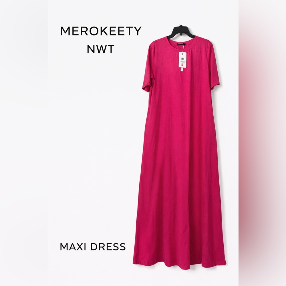 MEROKEETY Women's Pink Maxi Dress NWT
